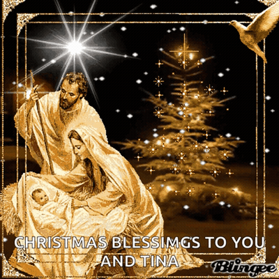 A Picture Of A Nativity Scene With The Words " Christmas Blessings To You And Tina " GIF