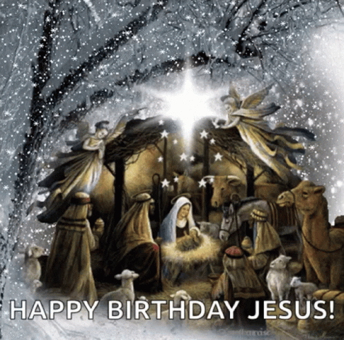 A Picture Of A Nativity Scene With The Words Happy Birthday Jesus GIF