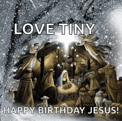 A Picture Of A Nativity Scene With The Words " Love Tiny Happy Birthday Jesus " GIF