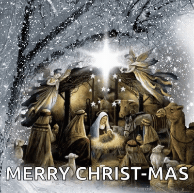 A Picture Of A Nativity Scene With The Words Merry Christmas GIF