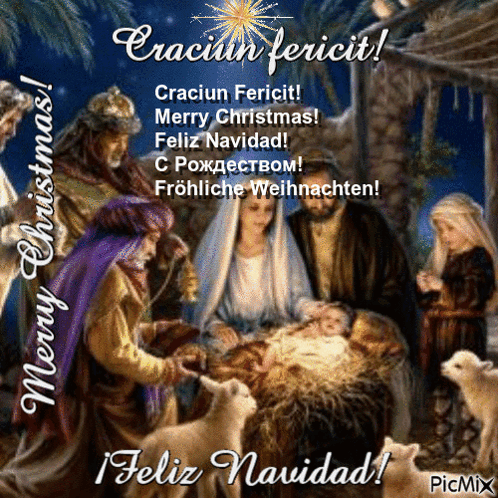 A Picture Of A Nativity Scene With The Words Merry Christmas Written On It GIF