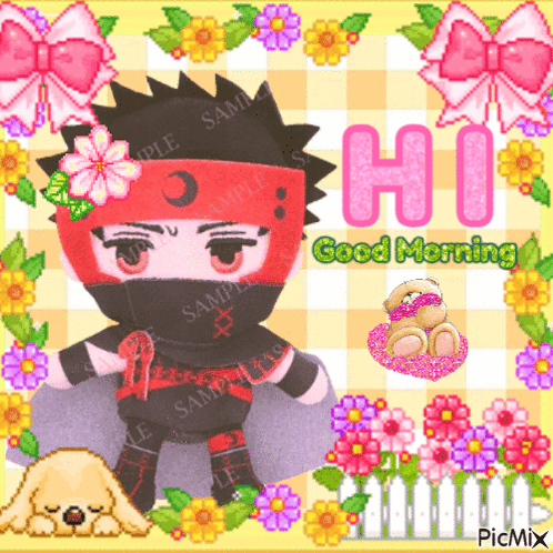 A Picture Of A Ninja With The Words Hi Good Morning Surrounded By Flowers GIF