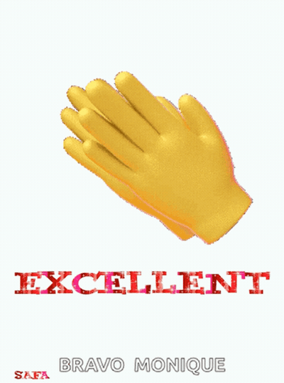 A Picture Of A Pair Of Yellow Gloves With The Words Excellent Bravo Monique On The Bottom GIF