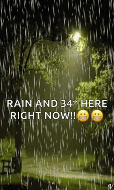 A Picture Of A Park In The Rain With The Words Rain And 34 * Here Right Now GIF