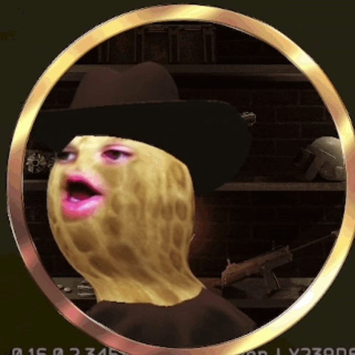 A Picture Of A Peanut Wearing A Cowboy Hat With A Gold Ring Around It GIF