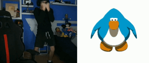 A Picture Of A Penguin Next To A Picture Of A Man GIF