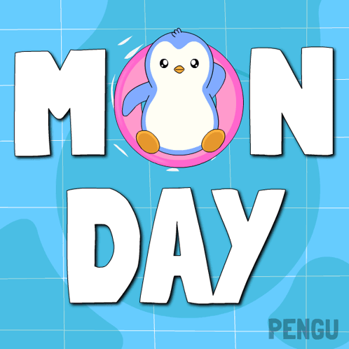 A Picture Of A Penguin On A Pink Float That Says Monday GIF