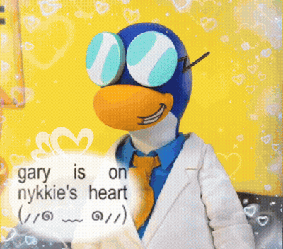 A Picture Of A Penguin Wearing Sunglasses And A White Coat With The Words Gary Is On Nykkie 'S Heart GIF