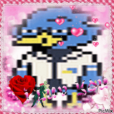 A Picture Of A Penguin With Hearts And A Red Rose With The Words Picmix Below It GIF