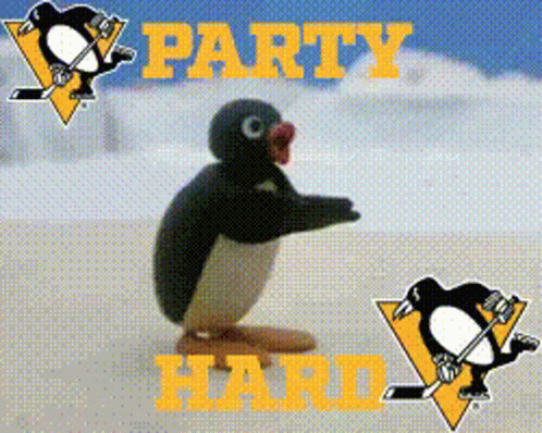 A Picture Of A Penguin With The Words Party Hard On The Bottom GIF