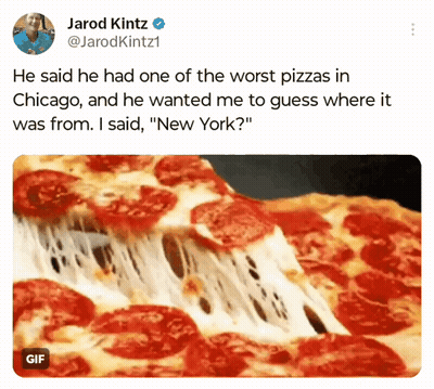 A Picture Of A Pepperoni Pizza With Cheese Coming Out Of It And A Tweet From Jarod Kintz GIF