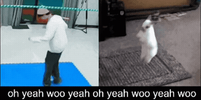 A Picture Of A Person Dancing Next To A Picture Of A Rabbit That Says Oh Yeah Woo GIF