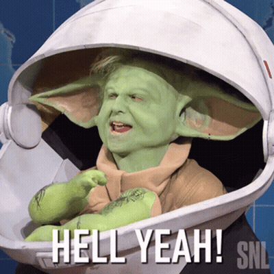 A Picture Of A Person Dressed As A Baby Yoda With The Caption Hell Yeah GIF