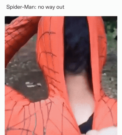 A Picture Of A Person Dressed As Spider-Man With The Caption " Spider-Man : No Way Out " GIF