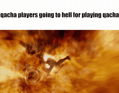 A Picture Of A Person Falling Into A Fire With The Words " Qacha Players Going To Hell For Playing Qacha " GIF