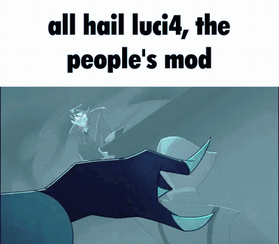A Picture Of A Person Holding A Glass With The Words All Hail Luci4 The People 'S Mod GIF