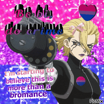 A Picture Of A Person Holding A Gun With The Words Be Bi Do Crime GIF