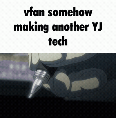 A Picture Of A Person Holding A Pen With The Words " Vfan Somehow Making Another Yj Tech " GIF