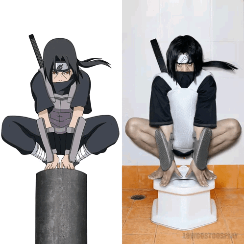 A Picture Of A Person In A Ninja Costume Next To A Picture Of A Person On A Toilet GIF