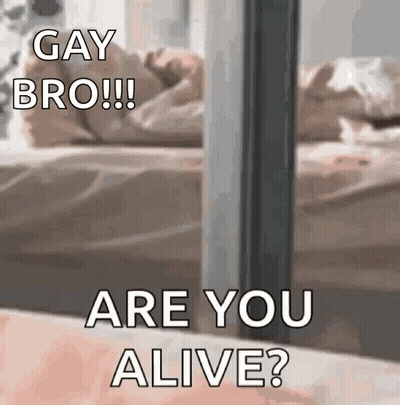 A Picture Of A Person Laying On A Bed With The Words `` Gay Bro !! Are You Alive ? '' GIF