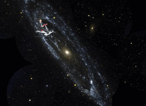A Picture Of A Person Riding A Scooter In The Middle Of The Galaxy GIF
