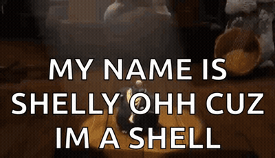 A Picture Of A Person Sitting On A Table With The Words My Name Is Shelly Ohh Cuz Im A Shell GIF