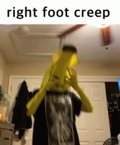 A Picture Of A Person Wearing A Banana Costume With The Words Right Foot Creep Below It GIF