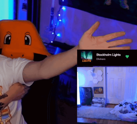 A Picture Of A Person Wearing A Dragon Mask And A Picture Of A Room With The Words Stockholm Lights Diviners On The Bott GIF