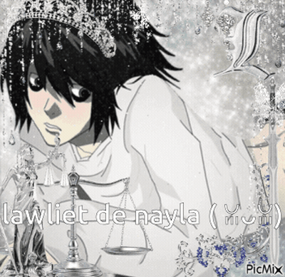 A Picture Of A Person With A Crown On Their Head And The Words Lawliet De Nayla GIF