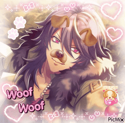A Picture Of A Person With A Dog Nose And The Words Woof Woof GIF
