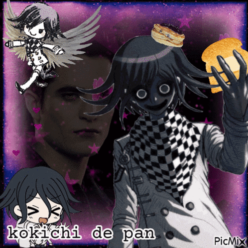 A Picture Of A Person With A Pancake On Their Head And The Words Kokichi De Pan GIF