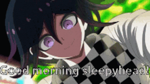 A Picture Of A Person With Purple Eyes That Says Good Morning Sleepyhead GIF