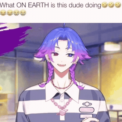 A Picture Of A Person With Purple Hair And The Words What On Earth Is This Dude Doing Below Them GIF