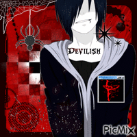 A Picture Of A Person With The Word Devilish On Their Chest GIF