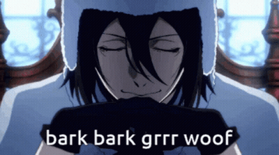 A Picture Of A Person With The Words Bark Bark Grrr Woof GIF