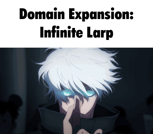 A Picture Of A Person With The Words Domain Expansion Infinite Larp Written On It GIF