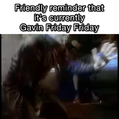 A Picture Of A Person With The Words `` Friendly Reminder That It 'S Currently Gavin Friday Friday '' Written On It . GIF