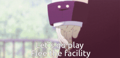 A Picture Of A Person With The Words Let 'S Go Play Flee The Facility Below Them GIF