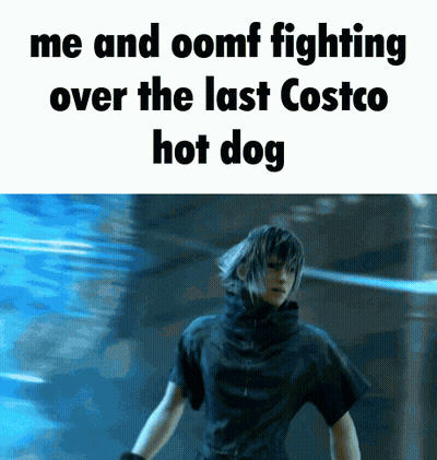 A Picture Of A Person With The Words Me And Oomf Fighting Over The Last Costco Hot Dog On The Bottom GIF