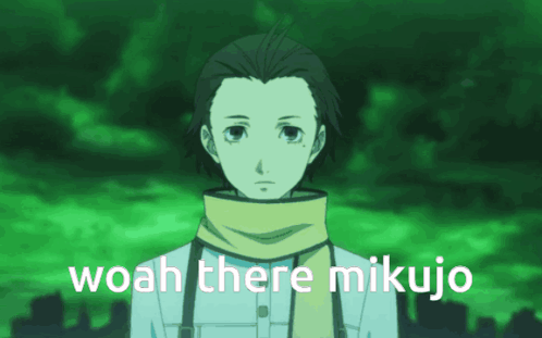 A Picture Of A Person With The Words Woah There Mikujo Written On It GIF