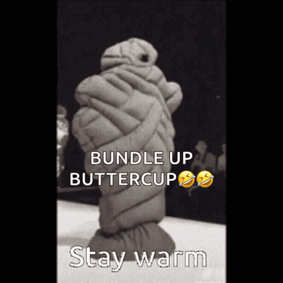 A Picture Of A Person Wrapped In A Blanket That Says Bundle Up Buttercup And Stay Warm GIF