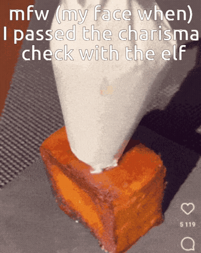 A Picture Of A Piece Of Cake With The Words Mfw ( My Face When ) I Passed The Charisma Check With The Elf Below It GIF