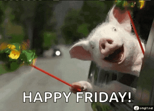 A Picture Of A Pig Holding A Red Straw With The Words Happy Friday Below It GIF