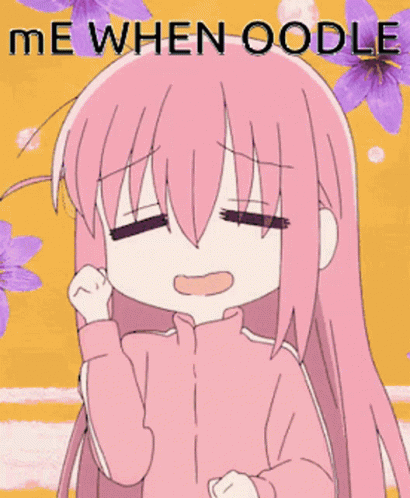 A Picture Of A Pink Anime Girl With Purple Flowers And The Words Me When Oodle GIF