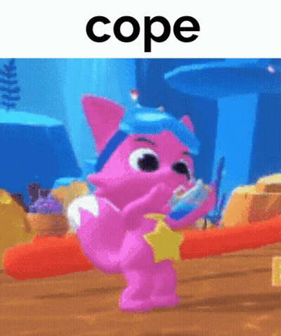 A Picture Of A Pink Cartoon Character With The Word Cope Above It GIF