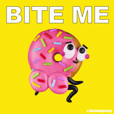 A Picture Of A Pink Donut With Sprinkles And The Words Bite Me Below It GIF