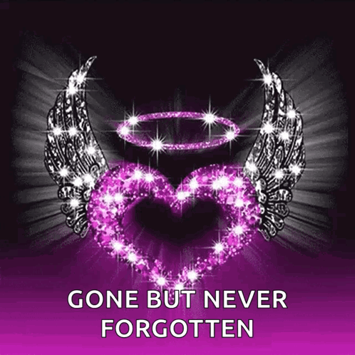 A Picture Of A Pink Heart With Angel Wings And The Words Gone But Never Forgotten Below It GIF