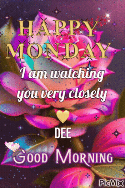 A Picture Of A Pink Rose With The Words Happy Monday I Am Watching You Very Closely GIF