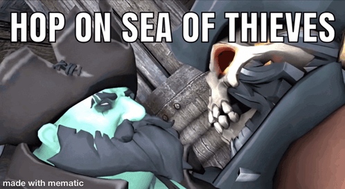 A Picture Of A Pirate With The Words Hop On Sea Of Thieves Above Him GIF