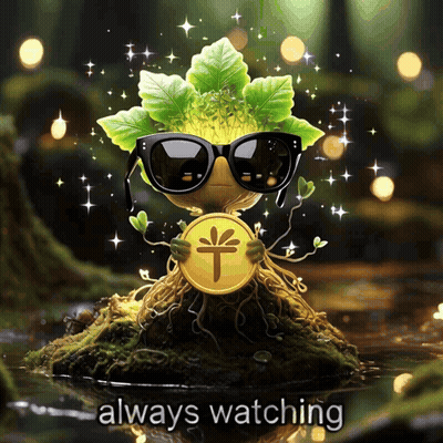 A Picture Of A Plant Wearing Sunglasses And Holding A Gold Coin With The Words Always Watching Below It GIF